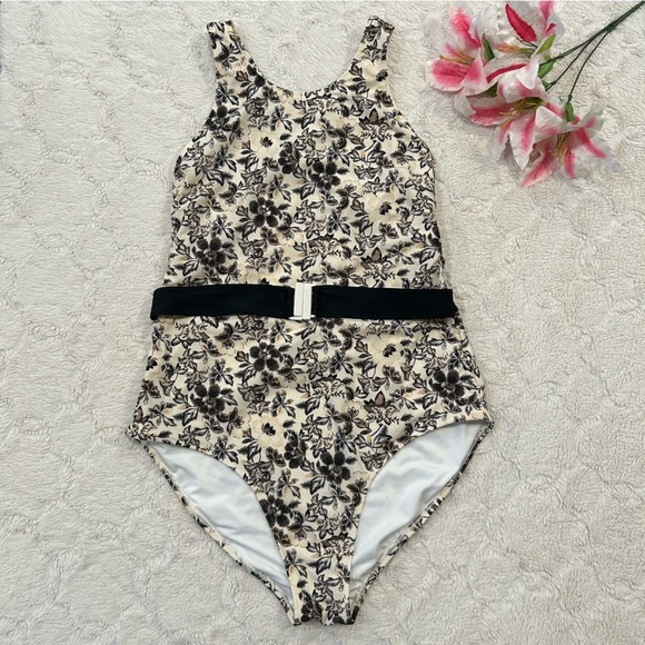 Old Navy Other - Old Navy - Belted Ivory & Black Floral High Neck One Piece Swimsuit - XXL